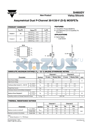 SI4955DY datasheet - Assymetrical Dual P-Channel 30-V/20-V (D-S) MOSFETs