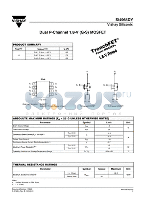SI4965DY datasheet - Dual P-Channel 1.8-V (G-S) MOSFET
