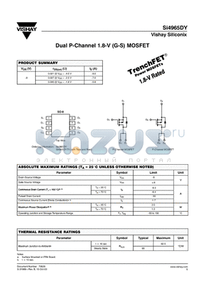 SI4965DY-T1 datasheet - Dual P-Channel 1.8-V (G-S) MOSFET