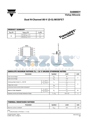 SI4980DY datasheet - Dual N-Channel 80-V (D-S) MOSFET