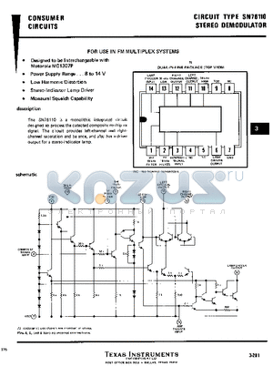 SN76110 datasheet - Stereo demodulator