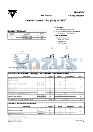 SI4992EY datasheet - Dual N-Channel 75-V (D-S) MOSFET