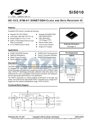 SI5010 datasheet - OC-12/3, STM-4/1 SONET/SDH CLOCK AND DATA RECOVERY IC