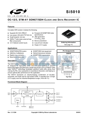 SI5010-GM datasheet - OC-12/3, STM-4/1 SONET/SDH CLOCK AND DATA RECOVERY IC