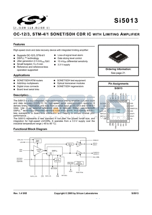 SI5013 datasheet - OC-12/3, STM-4/1 SONET/SDH CDR IC WITH LIMITING AMPLIFIER