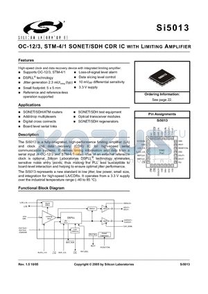 SI5013-X-GM datasheet - OC-12/3, STM-4/1 SONET/SDH CDR IC WITH LIMITING AMPLIFIER
