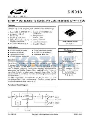 SI5018 datasheet - SiPHY OC-48/STM-16 CLOCK AND DATA RECOVERY IC WITH FEC