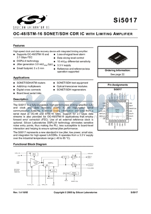 SI5017 datasheet - OC-48/STM-16 SONET/SDH CDR IC WITH LIMITING AMPLIFIER