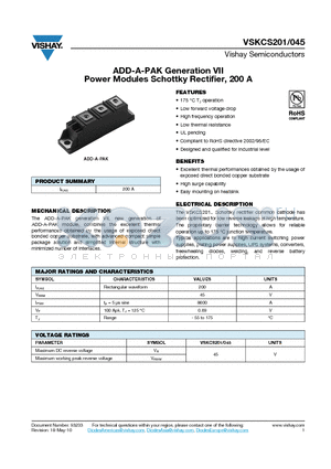 VSKCS201-045 datasheet - ADD-A-PAK Generation VII Power Modules Schottky Rectifier, 200 A