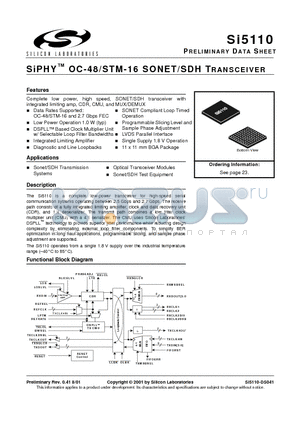 SI5110 datasheet - SiPHY OC-48/STM-16 SONET/SDH TRANSCEIVER