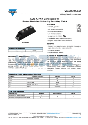 VSKCS220_11 datasheet - ADD-A-PAK Generation VII Power Modules Schottky Rectifier, 220 A
