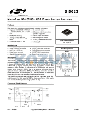 SI5023 datasheet - MULTI-RATE SONET/SDH CDR IC WITH LIMITING AMPLIFIER