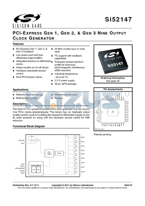 SI52147 datasheet - PCI-EXPRESS GEN 1, GEN 2, & GEN 3 NINE OUTPUT CLOCK GENERATOR
