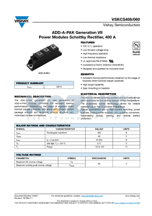 VSKCS408-060 datasheet - ADD-A-PAK Generation VII Power Modules Schottky Rectifier, 400 A