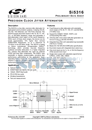 SI5316 datasheet - PRELIMINARY DATA SHEET PRECISION CLOCK JITTER ATTENUATOR