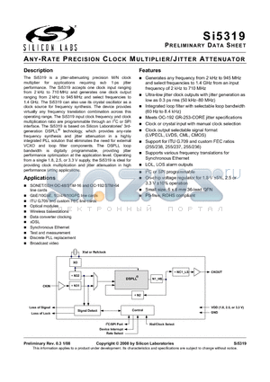 SI5319 datasheet - ANY-RATE PRECISION CLOCK MULTIPLIER/JITTER ATTENUATOR