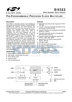 SI5322 datasheet - PIN-PROGRAMMABLE PRECISION CLOCK MULTIPLIER