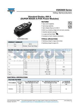 VSKD600-08 datasheet - Standard Diodes, 600 A (SUPER MAGN-A-PAK Power Modules)