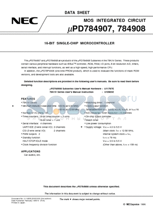 UPD784908 datasheet - 16-BIT SINGLE-CHIP MICROCONTROLLER