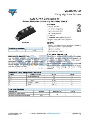 VSKDS203-100 datasheet - ADD-A-PAK Generation VII Power Modules Schottky Rectifier, 100 A