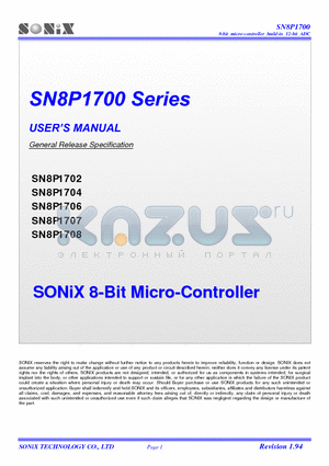 SN8A1702A datasheet - 8-Bit Micro-Controller