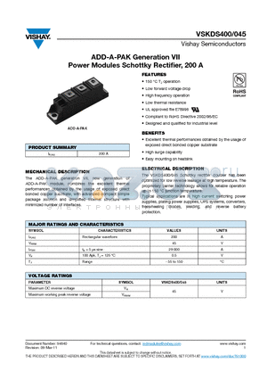 VSKDS400 datasheet - ADD-A-PAK Generation VII Power Modules Schottky Rectifier, 200 A