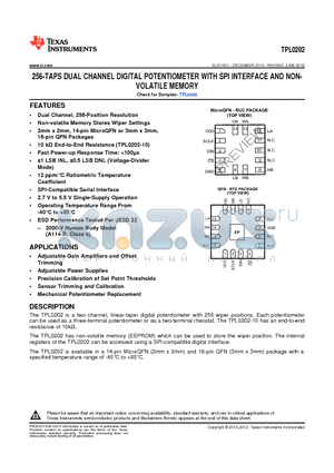 TPL0202-10RUCR datasheet - 256-TAPS DUAL CHANNEL DIGITAL POTENTIOMETER WITH SPI INTERFACE AND NONVOLATILE MEMORY