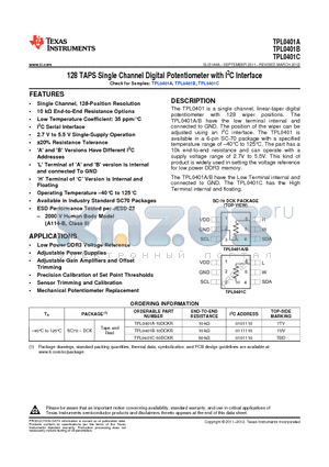 TPL0401A_12 datasheet - 128 TAPS Single Channel Digital Potentiometer with I2C Interface