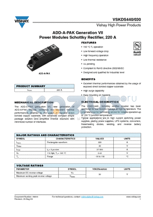 VSKDS440-030 datasheet - ADD-A-PAK Generation VII Power Modules Schottky Rectifier, 220 A