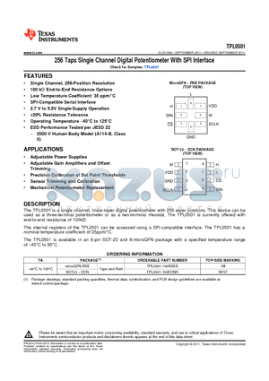 TPL0501 datasheet - 256 Taps Single Channel Digital Potentiometer With SPI Interface