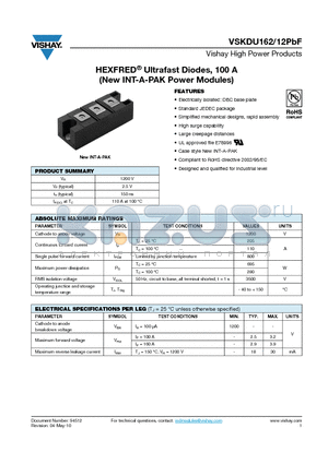 VSKDU162-12PBF datasheet - HEXFRED Ultrafast Diodes, 100 A (New INT-A-PAK Power Modules)