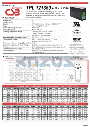 TPL121350 datasheet - a front terminal battery up to 12years expected life under normal float charge