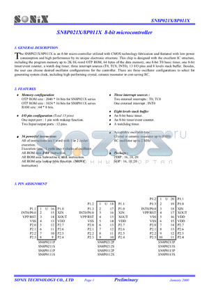 SN8P011X datasheet - 8-bit microcontroller