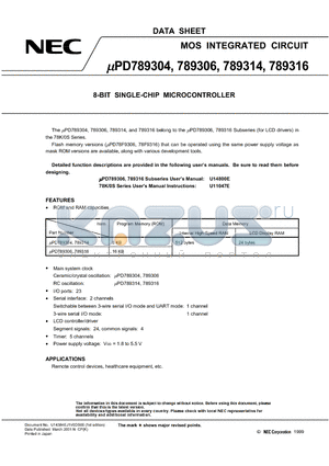 UPD789304GK datasheet - 8-BIT SINGLE-CHIP MICROCONTROLLER