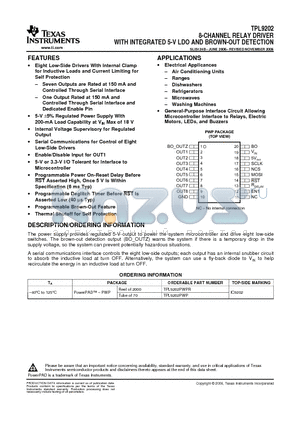 TPL9202 datasheet - 8-CHANNEL RELAY DRIVER WITH INTEGRATED 5-V LDO AND BROWN-OUT DETECTION