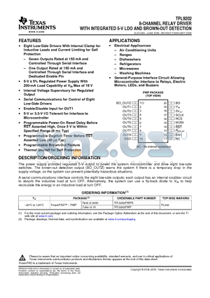 TPL9202PWPG4 datasheet - 8-CHANNEL RELAY DRIVER WITH INTEGRATED 5-V LDO AND BROWN-OUT DETECTION