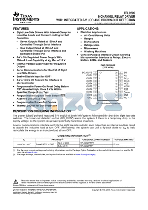 TPL9202 datasheet - 8-CHANNEL RELAY DRIVER WITH INTEGRATED 5-V LDO AND BROWN-OUT DETECTION