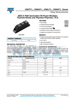 VSKH71-08 datasheet - ADD-A-PAK Generation VII Power Modules Thyristor/Diode and Thyristor/Thyristor, 75 A