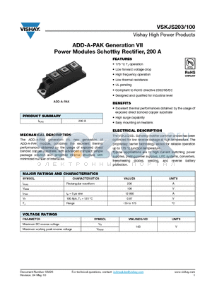 VSKJS203 datasheet - ADD-A-PAK Generation VII Power Modules Schottky Rectifier, 200 A