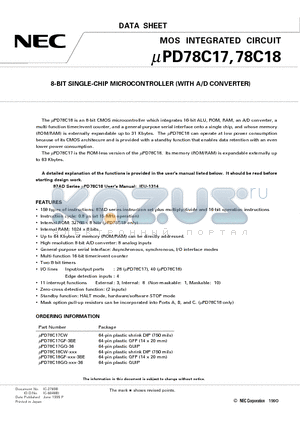 UPD78C18 datasheet - 8-BIT SINGLE-CHIP MICROCONTROLLER WITH A/D CONVERTER