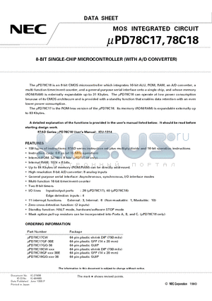 UPD78C18CW datasheet - 8-BIT SINGLE-CHIP MICROCONTROLLER WITH A/D CONVERTER