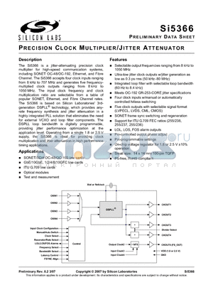 SI5366 datasheet - PRECISION CLOCK MULTIPLIER/JITTER ATTENUATOR