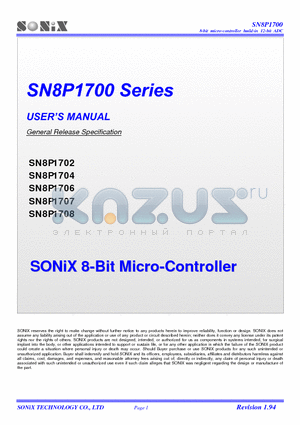 SN8P1700 datasheet - 8-Bit Micro-Controller