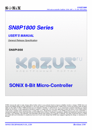 SN8P1800 datasheet - 8-Bit Micro-Controller