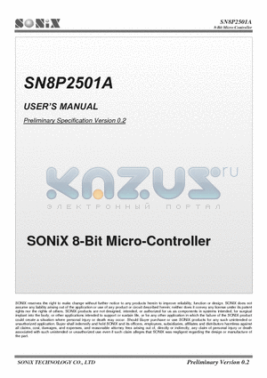 SN8P2501A datasheet - SONiX 8-Bit Micro-Controller