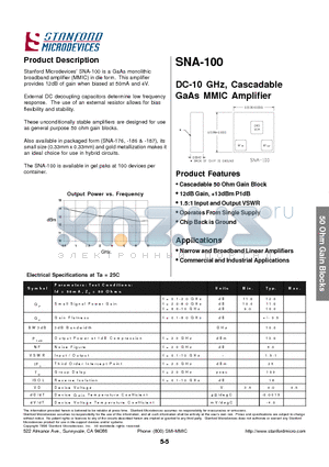 SNA-100 datasheet - DC-10 GHz, Cascadable GaAs MMIC Amplifier