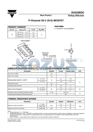 SI5433BDC-T1-E3 datasheet - P-Channel 20-V (D-S) MOSFET