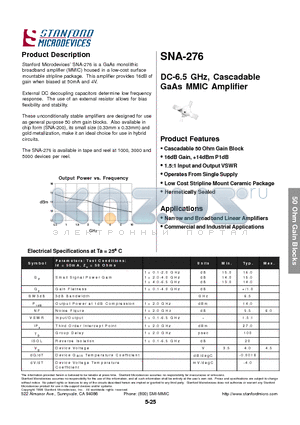 SNA-276-TR2 datasheet - DC-6.5 GHz, Cascadable GaAs MMIC Amplifier
