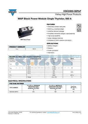 VSKS500-08PBF datasheet - MAP Block Power Module Single Thyristor, 500 A