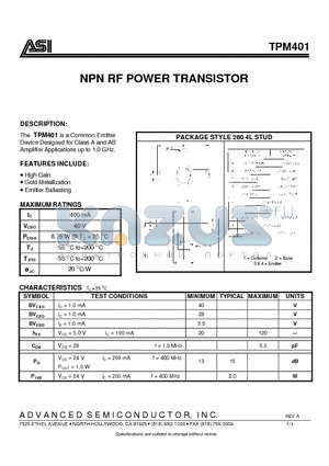 TPM401 datasheet - NPN RF POWER TRANSISTOR